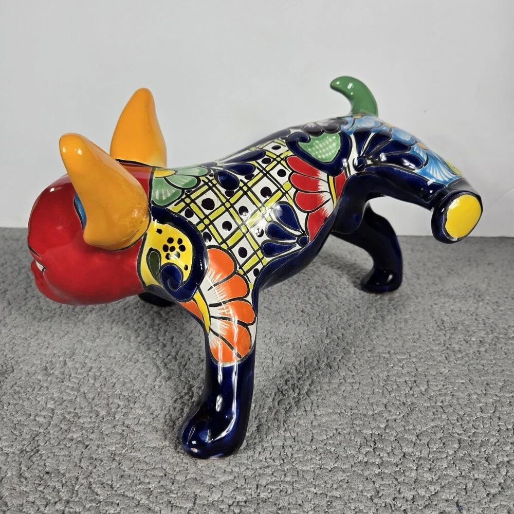 Talavera Peeing Chihuahua Mexican Pottery Art Hand Painted 8 x 9 X 12 In
